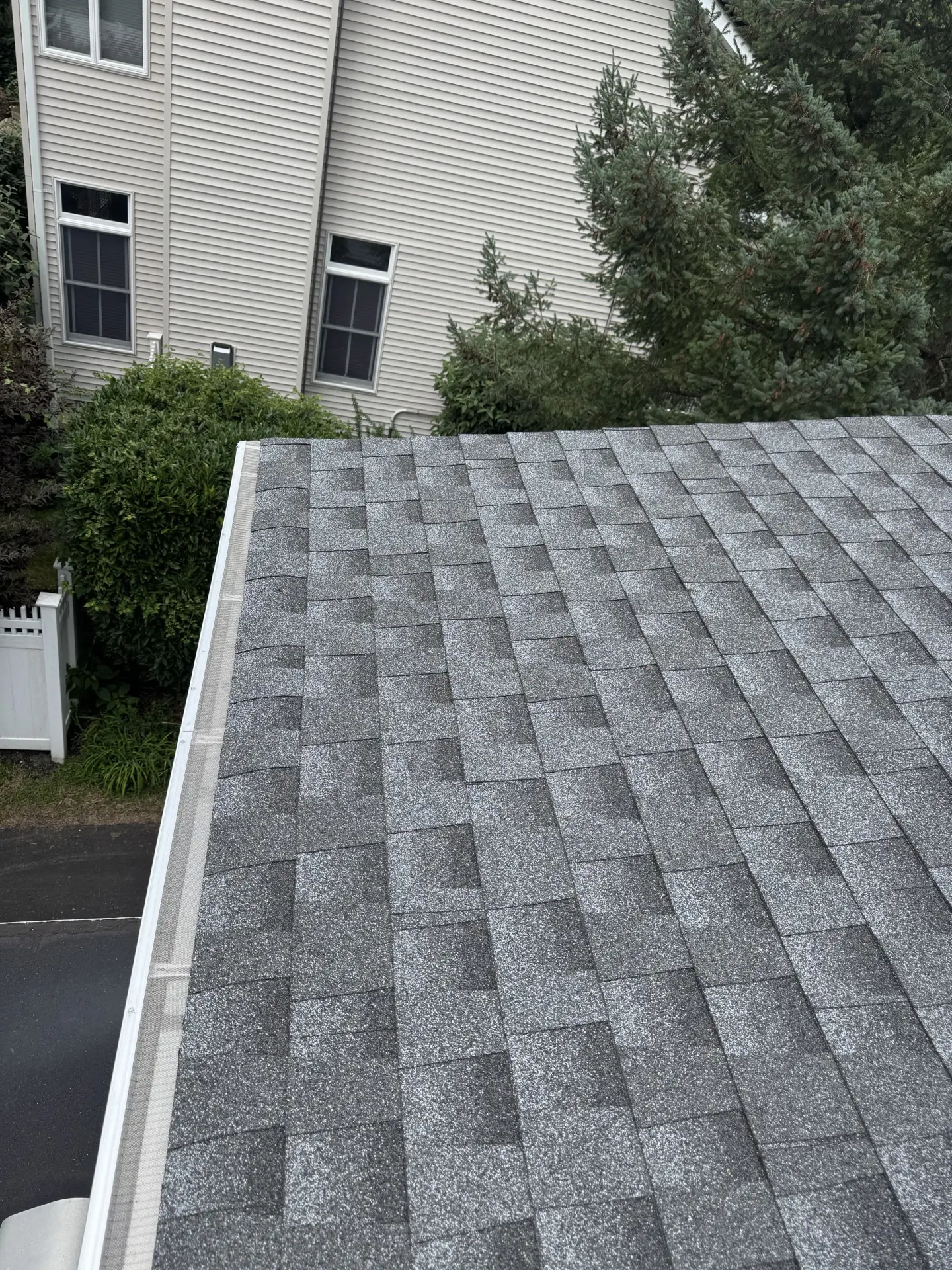 Mesh gutter guard running along a shingle roof edge