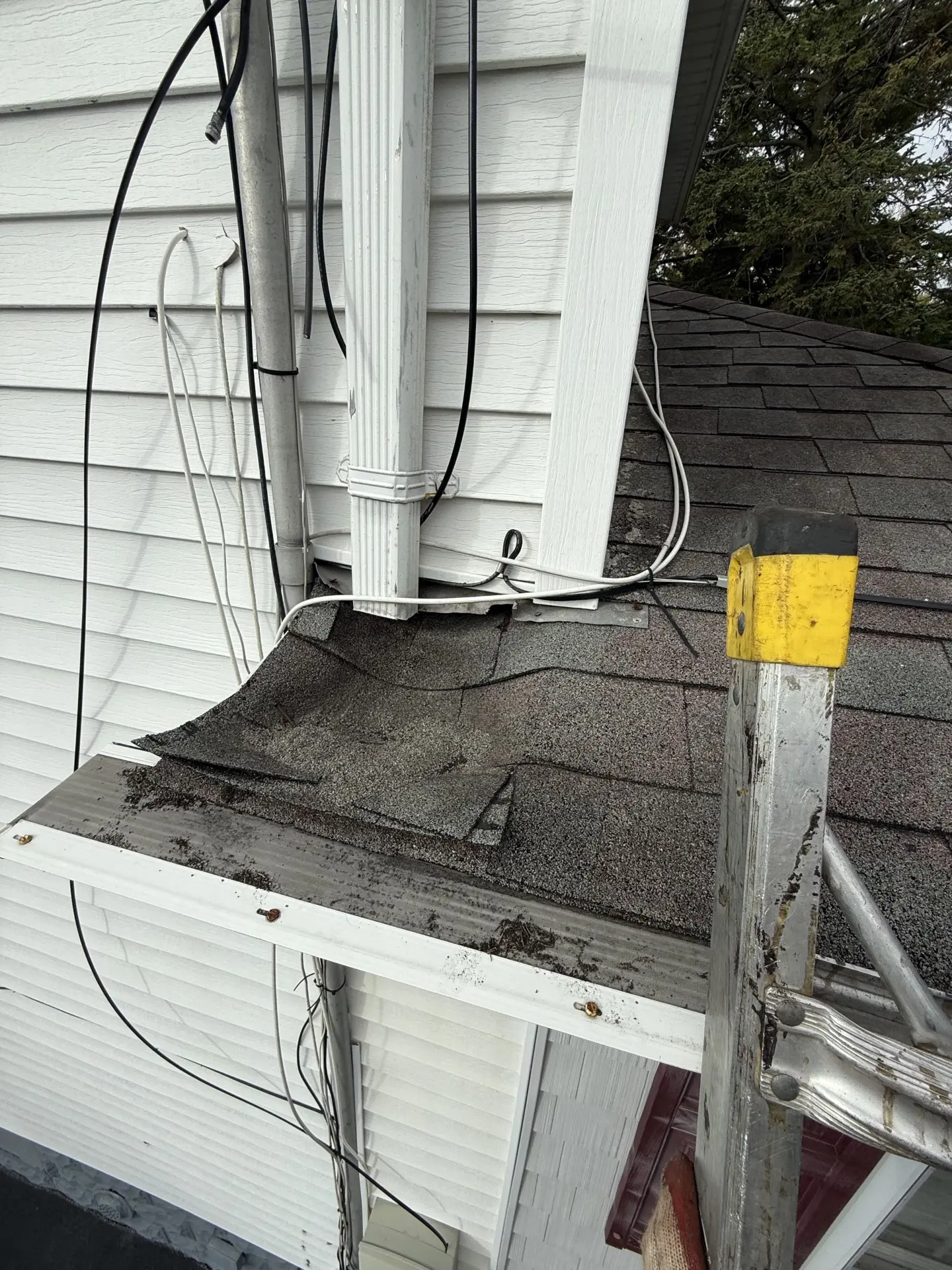 Lifted shingle and gutter section being repaired from a ladder