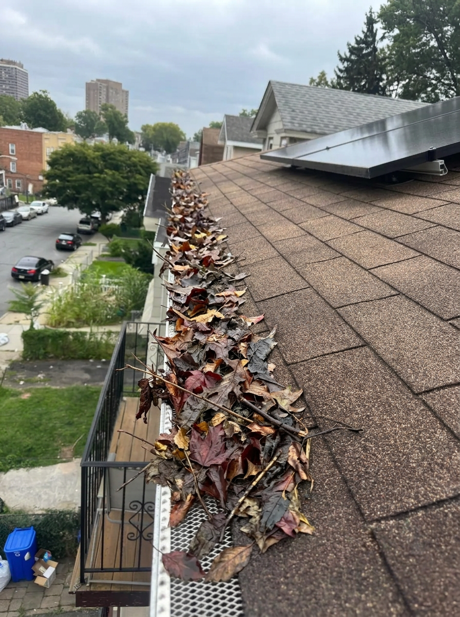 Gutter packed with wet leaves and debris before a BYB Gutters cleaning